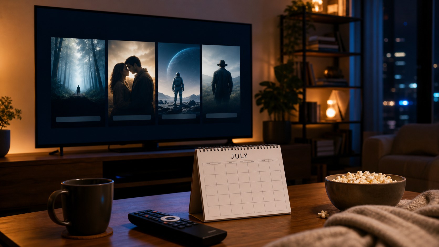 July 2026 home streaming release watchlist with television, calendar and remote control
